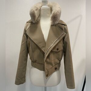 Beige Cream Tan Suede Cropped Leather Jacket with Rabbit Fur Angora Collar Trim.